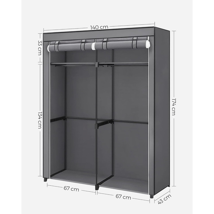 SONGMICS Storage Cabinet, Portable, with Hanging Rod, Foldable, Wardrobe, Bedroom, Office, 140 x 43 x 174 cm, Grey RYG02GY