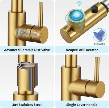 Кран кухонний CREA з 3 функціями: душ, висувний вилив, поворот на 360°, матовий золотий