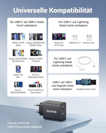 Зарядний пристрій ZKAPOR з 4 USB-C портами, 45W, білий (PD+QC)