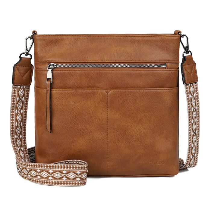Сумка жіноча Gladdon шкіряна крос-боді середнього розміру коричнева з широким ременем та плечовим ремінцем