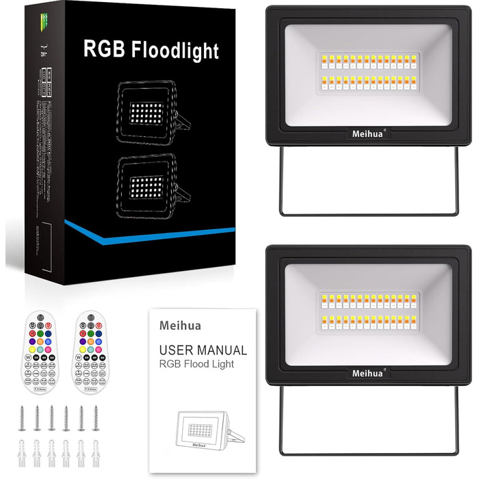MEIHUA RGB LED Floodlights 2 Pack with Remote Control, IP66 Waterproof Outdoor Floodlight, 10 Colors, 12 Modes Color Changing, Dimmable, Indoor/Outdoor Floodlight with Timer and Memory Function for Garden, Tree, Landscape (35W)