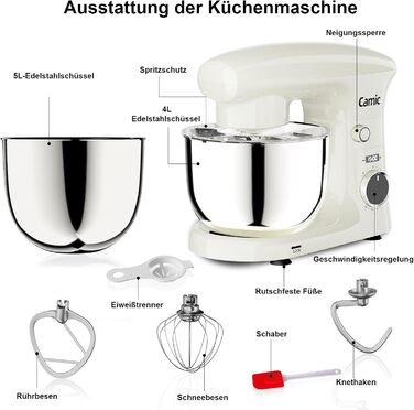 Кухонна машина Camic з 3 насадками (гак, міксер, вінчик), планетарний міксер з LED-дисплеєм, 10 швидкостей, 2 чашами з нержавіючої сталі 4Л та 5Л, для тіста, хліба, піци та тортів (Білий)