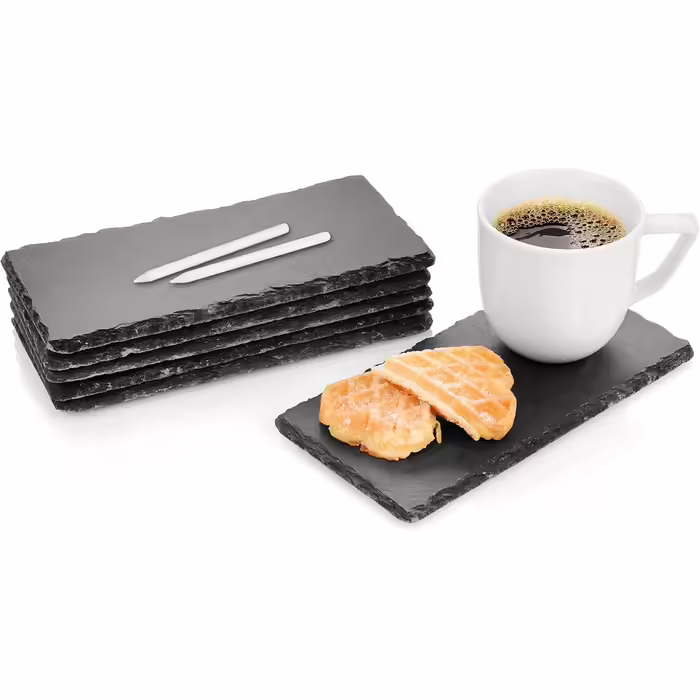 Singer | Slate Tile Set Biscuit with Chalk, 6 modern slate coasters. Serving tray, square plate set | 20x10 cm