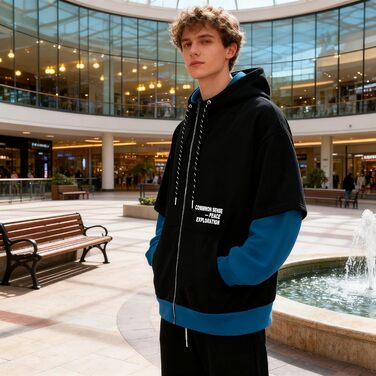 Чоловіча толстовка з капюшоном RUIZEHONG з блискавкою, спортивна куртка, кольорові блоки, повсякденний стиль, з кишенями, біло-чорна (чорно-синя, S)