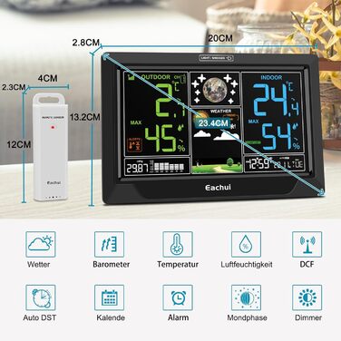 Eachui Weather Station Radio with Outdoor Sensor, Large Color Display, Radio Weather Station with Weather Forecast, DCF Radio Clock, Indoor and Outdoor Temperature and Humidity, Barometer, Battery Powered (Black)