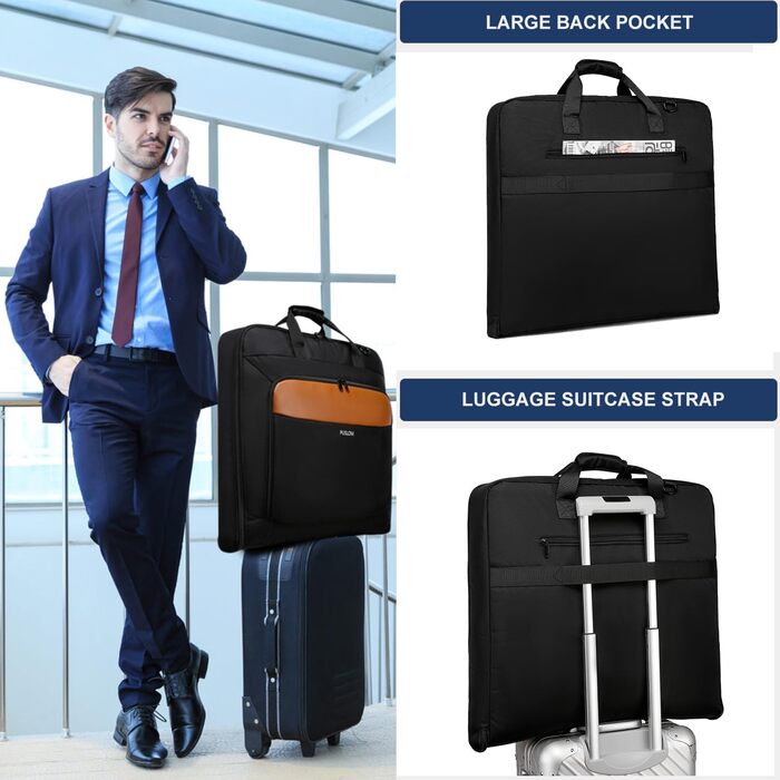 Garment Bag for Men - 40 Inch Carry-on for Up to 3 Suits, 2-in-1 Hanging Suitcase, Foldable Travel Duffel Bag for Business, 15.6 Inch Laptops - (Black-Brown)