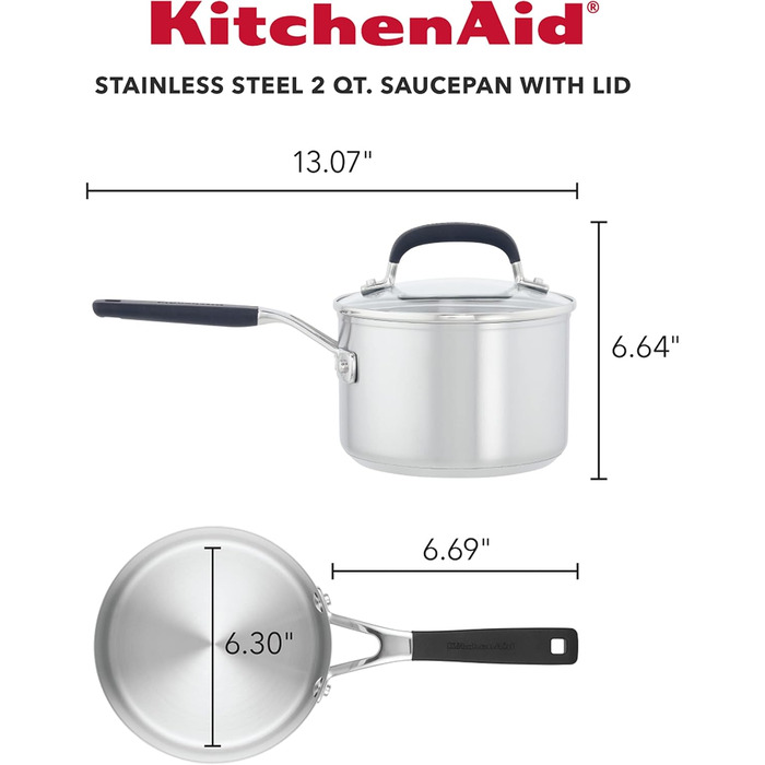 Набір кухонного посуду KitchenAid з нержавіючої сталі, 10 предметів, з полірованою поверхнею (каструля з ручкою 2 літри)