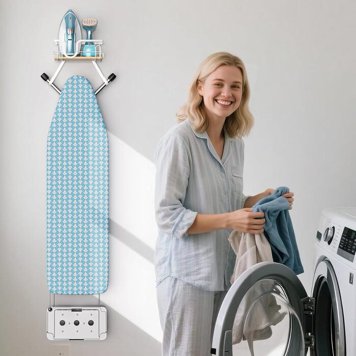 Настінна кріплення для прасувальної дошки з кошиком для зберігання та гачками (білий)