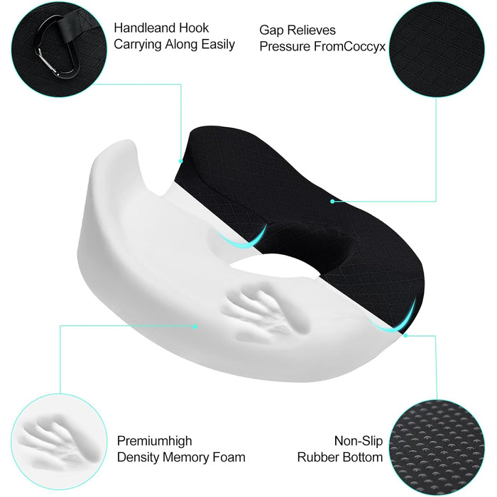 Ортопедична подушка для сидіння (кільце) для геморою та куприкового болю, подушка у формі пончика, Memory Foam, чорна, стандартна