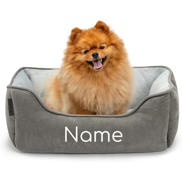 Ліжко для собак Lionto 2-в-1 з комфортним входом, м'яке домашнє ліжко для тварин, яке можна перевернути, для собак та котів, 80x60 см, подушка для собак з легкою у догляді імітацією замші, сіра (Д 60 x Ш 50 x В 22 см (з нанесенням імені), Темно-сірий/Світ