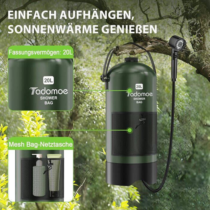 Сонячний душ Tadomoe 20L з насосом та сумкою, 2000mAh, для кемпінгу, пляжу, подорожей (зелений)