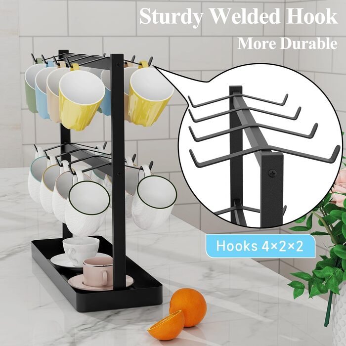 YUMORE Mug Holder with 16 Hooks, Metal Coffee Cup Holder with Storage Bottom, Coffee Mug Holder, Cup Rack for Kitchen, Dining Room, Cafe Counter, Black, 42 * 15 * 41.5cm