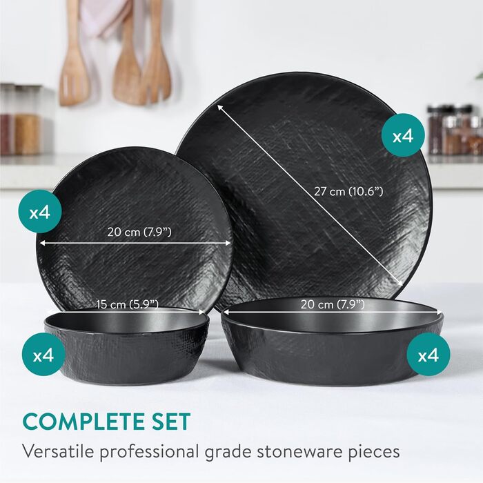 Набір посуду Navaris з каменю (16 предметів) на 4 особи - тарілки, супові тарілки, сервіз, набір посуду, антрацитовий колір