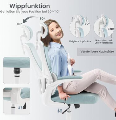 Крісло офісне WOLTU ергономічне, крісло для робочого столу з функцією гойдання, регульована підголовник, поворотні підлокітники, підтримка попереку, офісне крісло, витримує 150 кг (Блакитний)