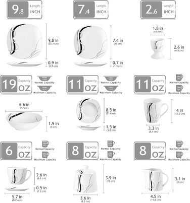 VEWEET FIONA 100-Piece Dinnerware Set, 12 Place Settings, Porcelain Dinnerware Set consisting of dinner plates, dessert plates, soup plates, cereal bowls, coffee cups, coffee mug set, egg cups, milk and sugar set