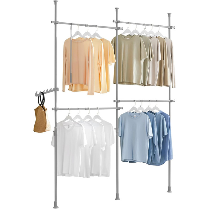 SoBuy KLS03-SCH Clothes Rack Coat Rack with 4 Clothes Rails Telescopic Wardrobe System Adjustable Shelf System Bra Approx. 124-226x200-285cm (Light Grey)