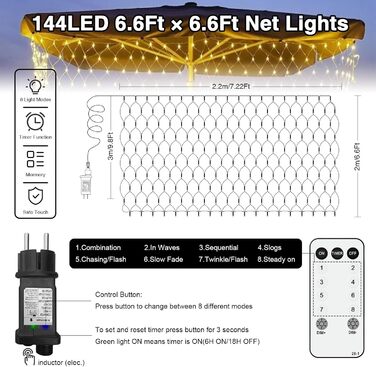 Ланцюжок прикрас LED 144 світлодіодів, мережа, тепле біле світло, для зовнішнього та внутрішнього використання, з пультом, таймером, 8 режимів, для кущів, саду, ялинки, кімнати, балкону