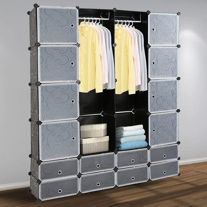 DIY Closet Shelf System, 16 Cubes, Wardrobe Closet, Open Closet, Plastic Wardrobe with Doors, Wardrobe Cabinet, Black, 180 x 142 x 37CM
