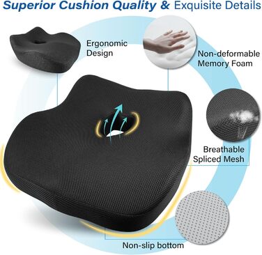 Подушка для сидіння в авто з Memory Foam для полегшення болю в попереку, велика, для водіїв невеликого зросту, комфортне водіння - для авто, офісу (чорна)