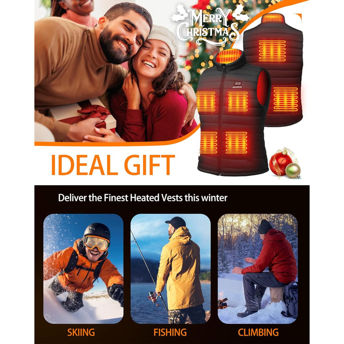 Електрична гріюча жилетка для чоловіків з акумулятором 20000mAh, 8 зон нагріву та 3 рівня температури, для активного відпочинку, чорна