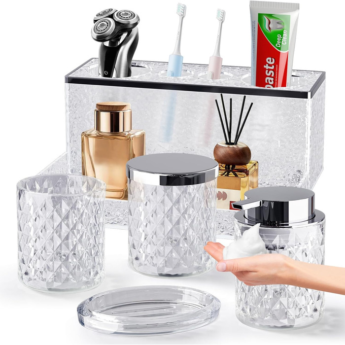 Набір аксесуарів для ванної кімнати зі скла, 5 предметів: мильниця, стакан, органайзер, тримач для зубних щіток, флакон для мила. Прозорий декор для раковини.