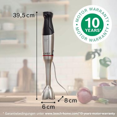 Блендер ручний Bosch ErgoMaster Serie 6 MSM6M810, 1200 Вт, нержавіюча сталь, 10 років гарантії, керамічна муфта, QuattroBlade, мірний стакан