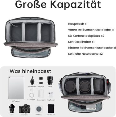 Сумка для камери S-ZONE: водонепроникна фотосумка для DSLR/SLR з кріпленням для штатива та аксесуарами (сіра)