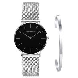 Жіночий годинник: аналоговий кварц, нержавіюча сталь, водонепроникний, сітка, ультратонкий комплект з браслетом (чорний корпус, срібний ремінець, срібний браслет)