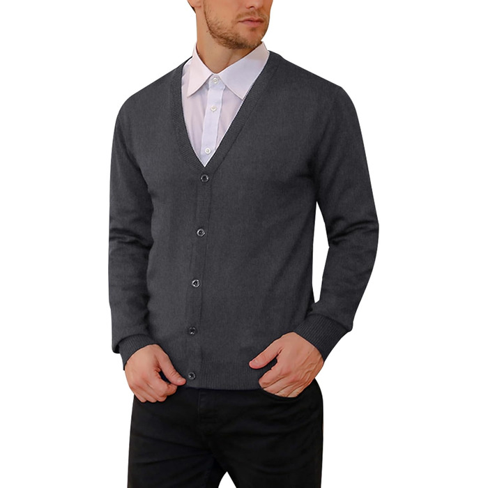 iClosa Кардиган чоловічий з V-подібним вирізом, легкий, в'язаний, з ґудзиками, темно-сірий, розмір L