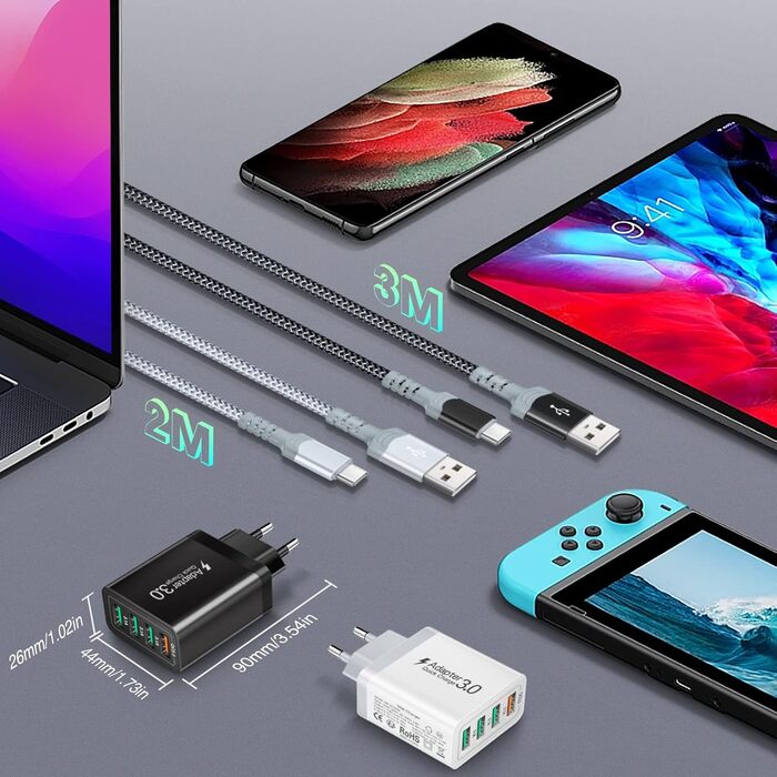 Зарядний пристрій USB 33W QC 3.0, 4 порти + 2 кабелі USB-C (2м/3м) для Samsung Galaxy, iPad Pro, LG, Sony - чорний/білий