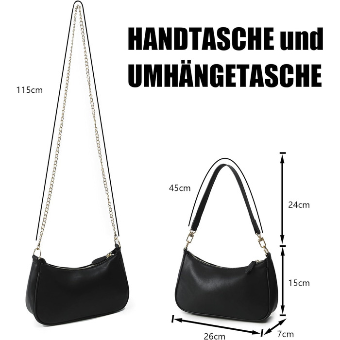 Жіноча сумка Kleine Handtasche: чорна сумка через плече з PU-шкіри, знімний ланцюжок, 26x7x15 см