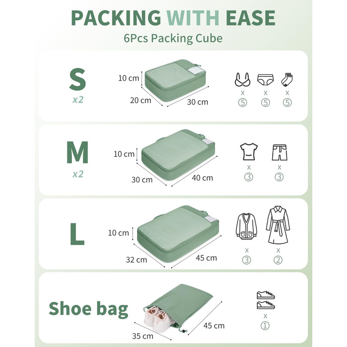 Органайзери для валізи ECOHUB, набір 6 шт. з ID-міткою, екологічні, для подорожей, дихаючі, патент pending (зелений)