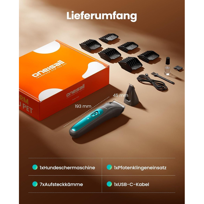 Машинка для стрижки собак та котів oneisall 2-в-1 з тримером для подушок, LED-підсвічуванням, тиха, акумулятор 2000 mAh, для густого та кучерявого хутра, синього кольору