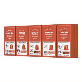 Кавові капсули для еспресо by Amazon з алюмінію, сумісні з Nespresso, світле обсмаження, 100 шт (5 упаковок по 20 шт), сертифіковані Rainforest Alliance
