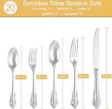 Посуд столовий срібний Barock 18/10 з нержавіючої сталі, набір 20 предметів (виделки, ложки, ножі) в подарунковій коробці