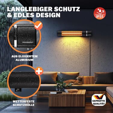 Інфрачервовий обігрівач MONZANA® MZH2000 з золотою трубкою, 3 режими, пульт дистанційного керування, кут нахилу 90°, для вулиці, тераси, 2000W
