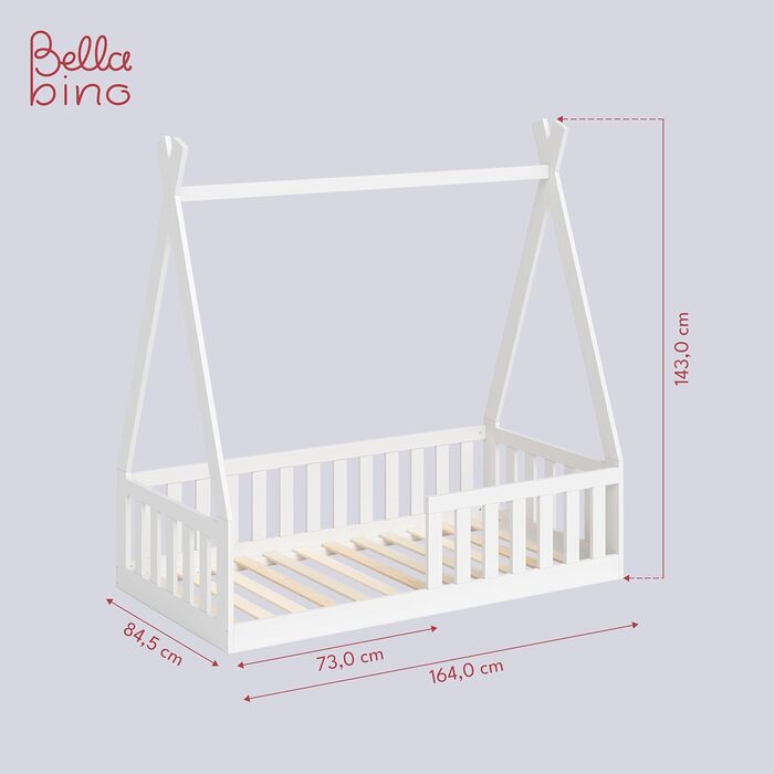 Bellabino Tajo Tipi Bed Base for Children 70x140 cm, House Bed made of Solid Pine Wood with Fall Protection/Fence and Slatted Frame in White for Children from 3 Years 70 x 140 cm White