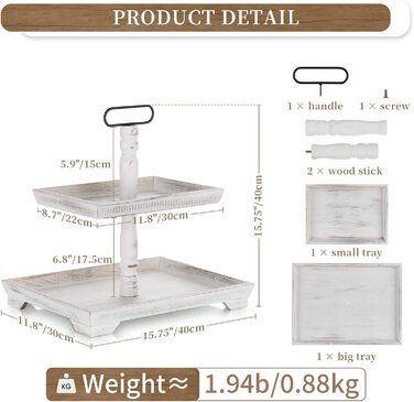 Hanobe Decorative Table Tray Etagere Wood: White Washed Wood Tray Large Rectangular with 2 Tiers Farmhouse Decorative Tray Vintage Shabby Serving Tray for Home Coffee Corner Bathroom