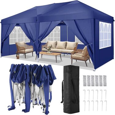 COBIZI Pavilion - Waterproof, Stable, Winter-Proof, Foldable, Pop-Up Party Tent, Garden Pavilion for Beach Wedding, with 4 Side Panels, UV Protection 50+, Adjustable Height (Navy Blue, 3x6m)