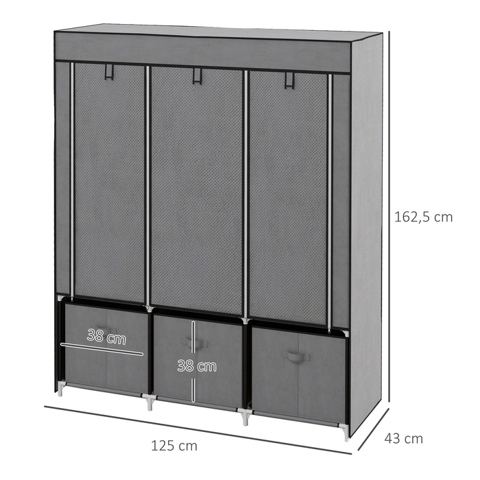 HOMCOM Folding Wardrobe, Fabric Closet, Zipped Folding Cabinet, Non-woven Fabric, Dark Grey, 125x43x162.5cm | Aosom