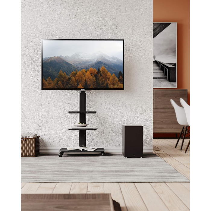 FITUEYES Rolling TV Stand with 3 Shelves - Adjustable Height & Swivel - Fits 32-70 Inch TVs (up to 40kg) - VESA 400x600 - White/Black