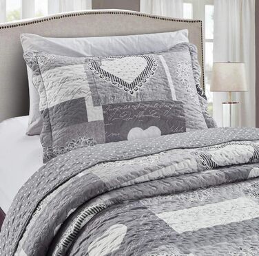 Комплект стеганих ковдр Brilliant Sunshine Grey Heart Love Patchwork (2 шт.) з наволочкою, двостороння покривало, м'яка легка ковдра, універсальна ковдра для двоспального ліжка, сірий колір