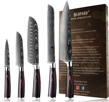 Набір професійних кухонних ножів | Шеф-ніж, Сантоку, хлібний ніж та інші | Нержавіюча сталь з лазерним візерунком, ручки з пакавуду | Подарунковий набір