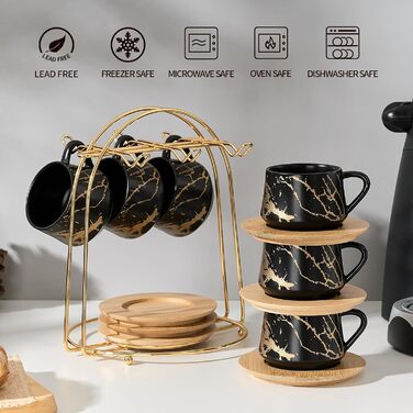 Набір кавових чашок з блюдцями LUKA, 6 шт., 118 мл, порцеляна, для еспресо, лате, кави, мокко, чаю, смугастий дизайн, білий та чорний колір