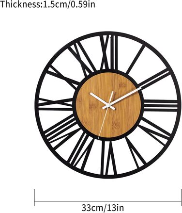 HAITANG Round Wall Clock, Black, 34 cm, for Living Room, Decoration, Vintage Style, Roman Numerals, Silent, Non-Ticking, Wall Clocks for Home, Garden, Office, Cafe Decoration