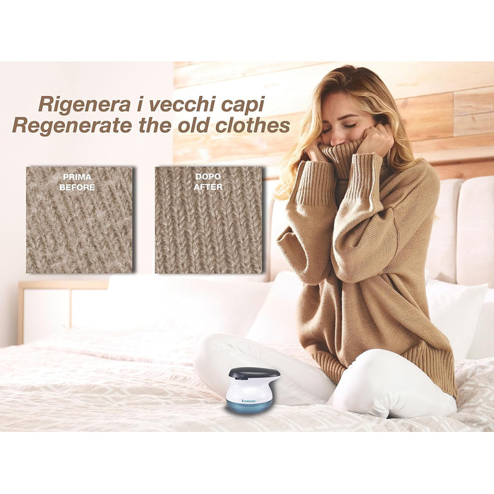 BEPER 50.245 USB-аккумуляторний видальник ворсу зі сталевими лезами. Видаляє ворс та ковтунці. Білий/блакитний, перезаряджається через USB