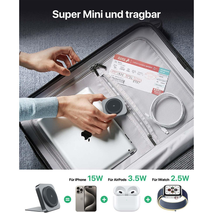 Бездротова зарядка MagSafe для Apple Watch та iPhone (сірий колір), сумісна з iPhone 16 15 14 13 12, iWatch Series, AirPods Pro 3 2