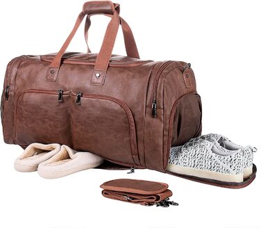 Duffle bag with shoe bag, overnight bag, leather oversized weekend bag, large carry-on bag, duffel bag for women and men ([H]brown)