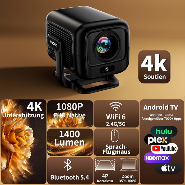 Портативний проєктор Mini Beamer 4K з WiFi 6, Bluetooth 5.4, автоматичною корекцією трапецеїдальних спотворень, обертання 270°, підтримка USB/Laptop, з пультом ДУ та мишкою, білий (Black-1)