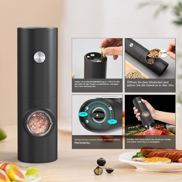 Електричні млинці для солі та перцю CIRCLE JOY, набір 2 шт., з підсвіткою LED, регульованим помелом, чорний